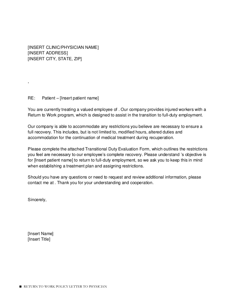 Physician Authorization Return To Work Form And Letter