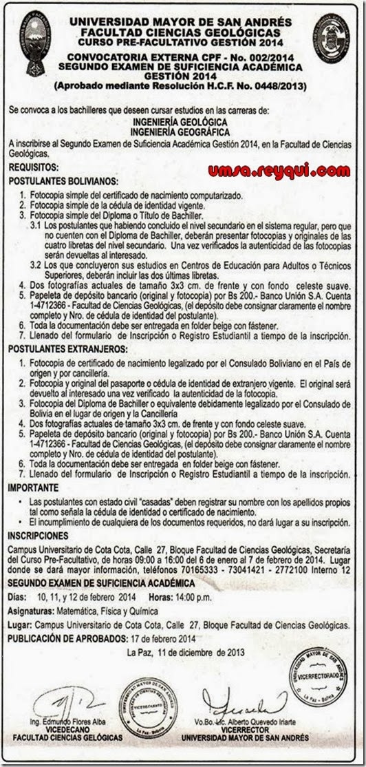 Convocatoria a la Prueba de suficiencia académica 2014 de la Facultad de Ciencias Geológicas de la UMSA