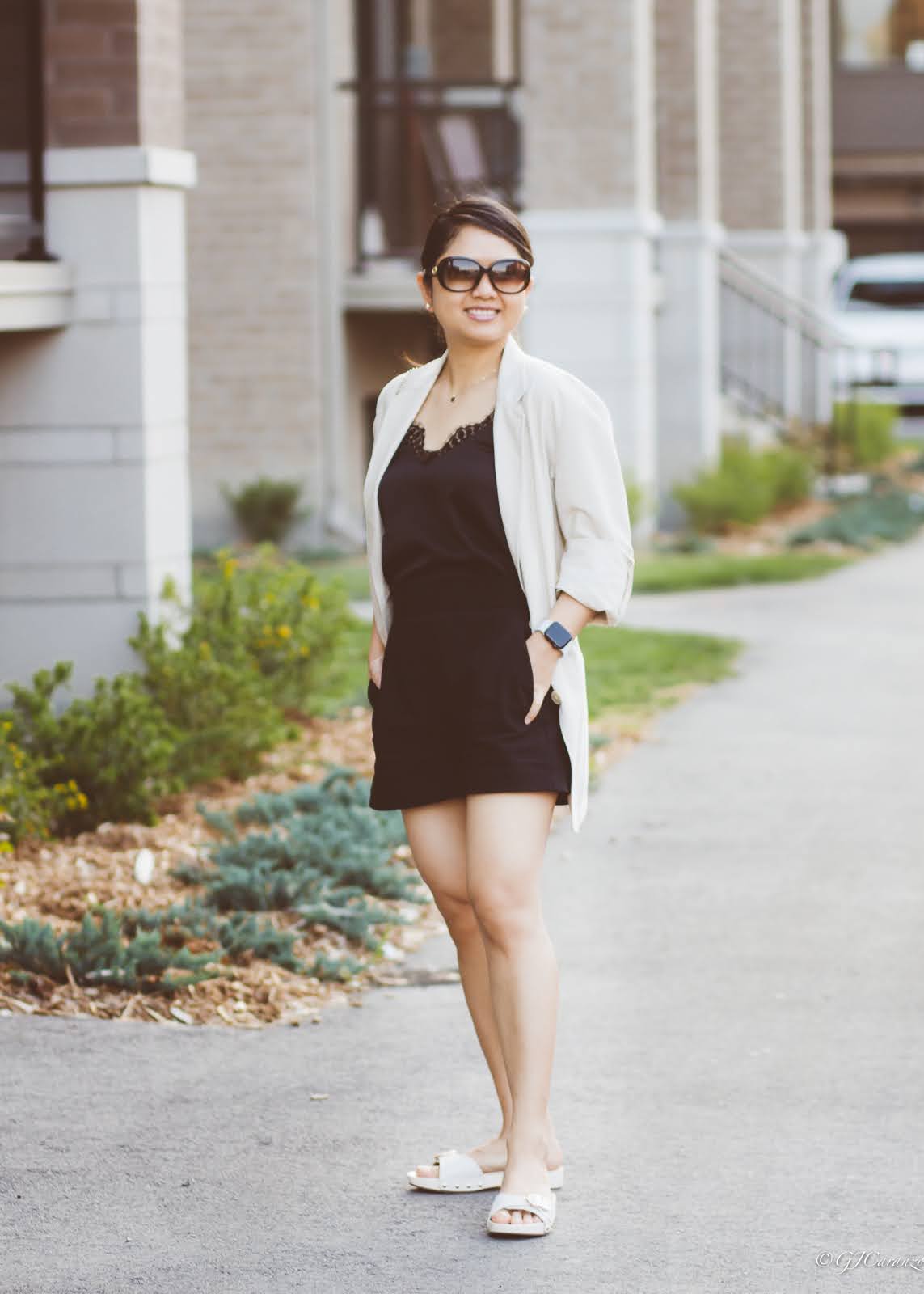 Uniqlo Linen blend Blazer | H&M Satin Camisole Top | Zara High Waisted Shorts | Coach Bleeker Sandals | Gucci Sunglasses | Coach Bag | Petite Fashion