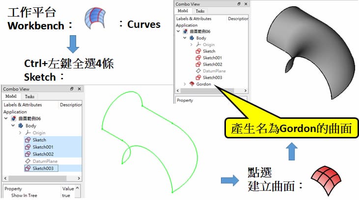 繪圖軟體：FreeCAD，工作平台(Workbench)：Curves