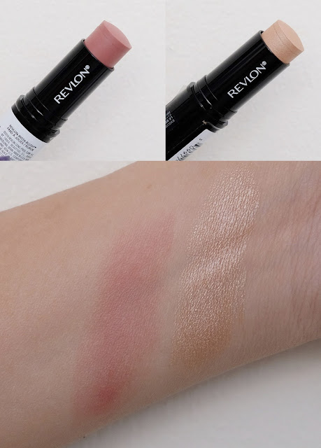 a photo of Photoready Insta-Fix Highlight Stick in Gold Light and Revlon Insta-Fix blush in Berry Kiss review