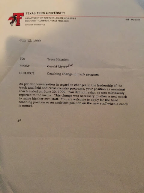 Trece Hayslett asked to apply at Texas Tech University (doesn't resign)