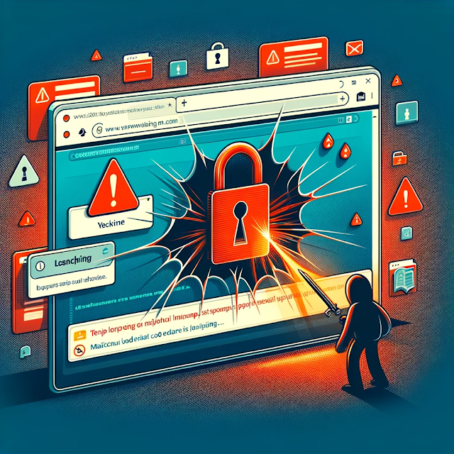Digital illustration of a computer screen with a stylized explosion emanating from a central lock symbol, surrounded by warning icons and alerts, signifying a security breach or cyber-attack.