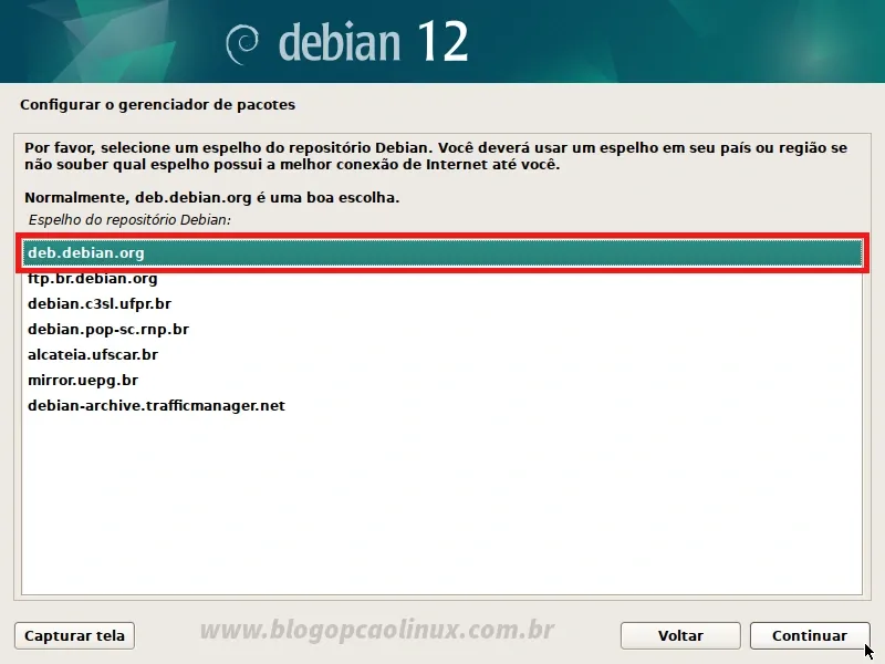 Selecione um espelho de rede do Debian