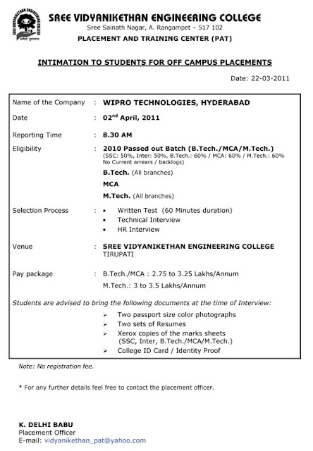 Wipro Off-Campus for 2010 Passedout at Sree Vidyanikethan Engineering College in Tirupathi