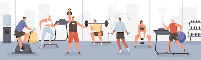 Illustration people training in a fully equipped gym