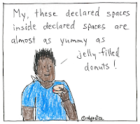 cartoon about declared spaces inside declared spaces, compared to jelly-filled donut. Man eating a jelly-filled donut and says, "My, these declared spaces inside declared spaces are almost as yummy as jelly-filled donuts!" By rob goetze