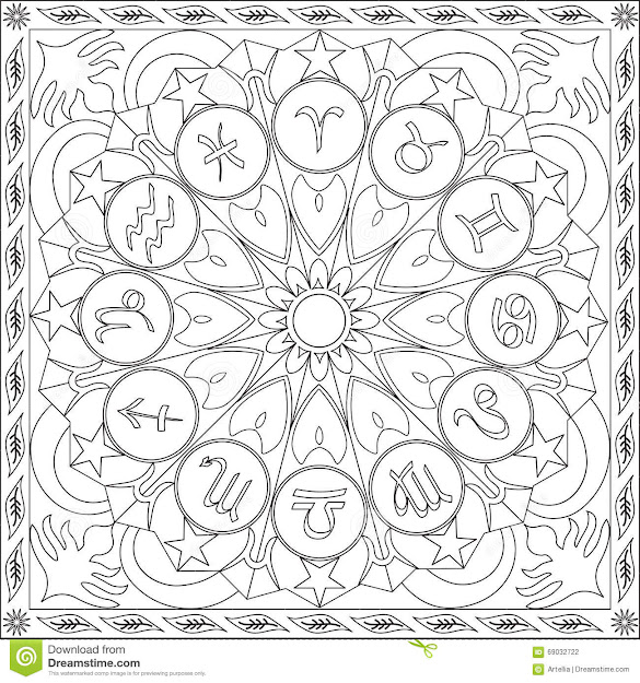 Coloring Page Book For Adults Square Format Zodiac Signs Wheel Mandala  Design Vector Stock Photography