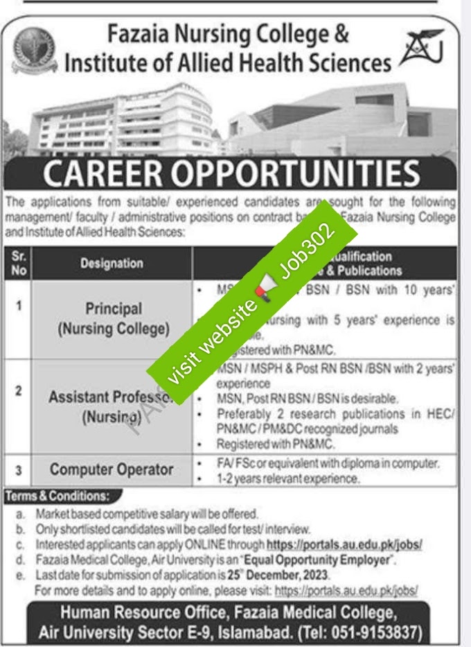 Fazaia Nursing College & Institute of Allied Health Sciences Today Latest Jobs 