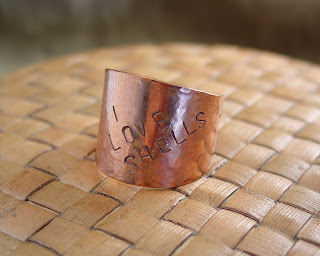 "I love shells" stamped copper ring made by Vicky Brown