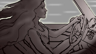 female driver in profile, driving in animation still