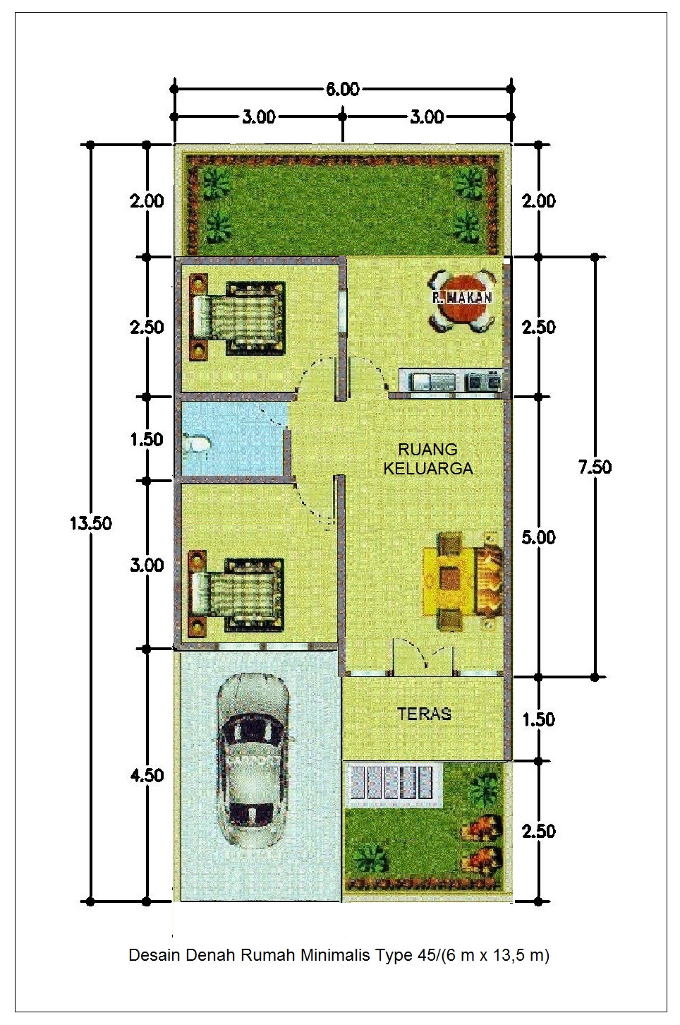 Desain Denah  Rumah  Minimalis Type 45 6m x  13 5m Info 