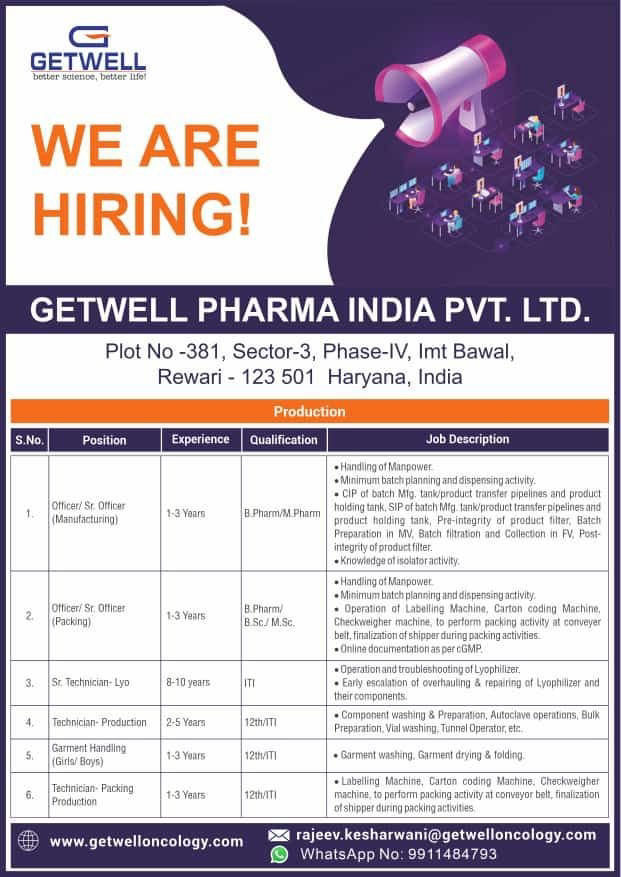 Job Availables, Getwell Pharma Ltd Job Vacancy For Production Department