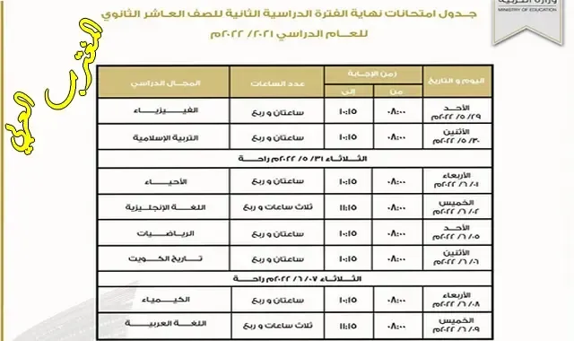 جدول اختبارات الصف العاشر الثانوي الكويت 2022