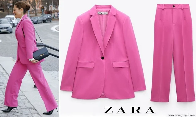 Crown Princess Victoria wore Zara Tailored Buttoned Fuchsia Pink Blazer and Full-Length Fuchsia Pink Trousers