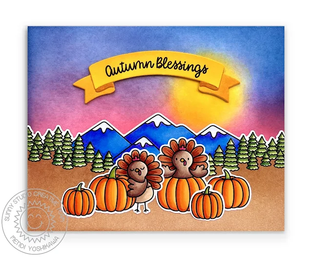 Sunny Studio Fall Thanksgiving Card (using Turkey Day & Country Scenes Stamps, and Brilliant Banner 2 Dies)