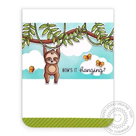 Sunny Studio Blog: How's It Hanging Sloth Card (using Tropical Scenes, Spring Showers, Silly Sloths Stamps, Sunny Sentiments & Rain or Shine Dies, Striped Silly Paper)