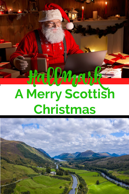 Santa reading his list and a panoramic view of the Scottish country side.