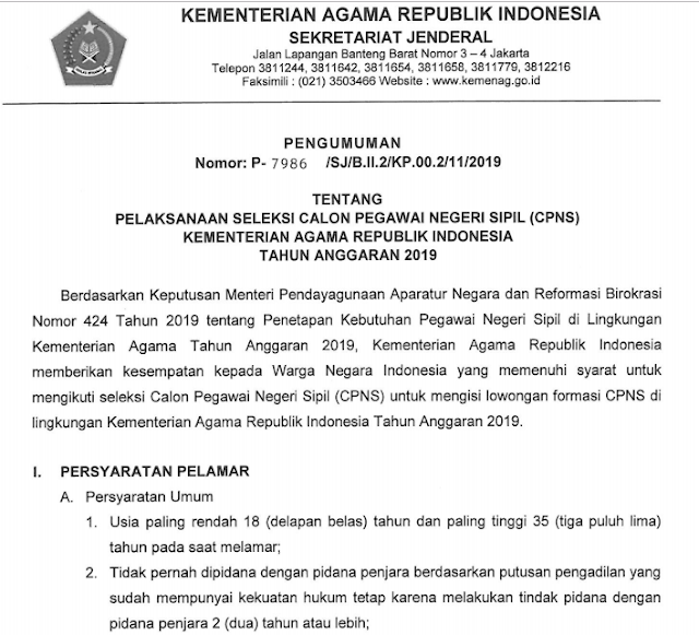 Pengumuman dan Formasi CPNS Kemenag 2019