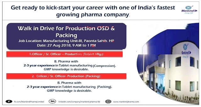 Mankind Pharma - Walk-In for Production (OSD) |27th August 2018 | Poanta Sahib, HP