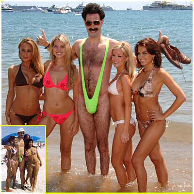 Borat wearing his mankini costume promoting the movie at a beach in Cannes, France