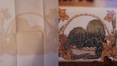 Two images: the one on the left is on white with a khaki pattern of two dogs in an autumn basket with leaves. The picture on the right side is of the design fully finished, complete with texture on the chocolate labs.