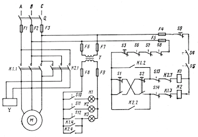 Схема управления асинхронным электродвигателем грузового лифта