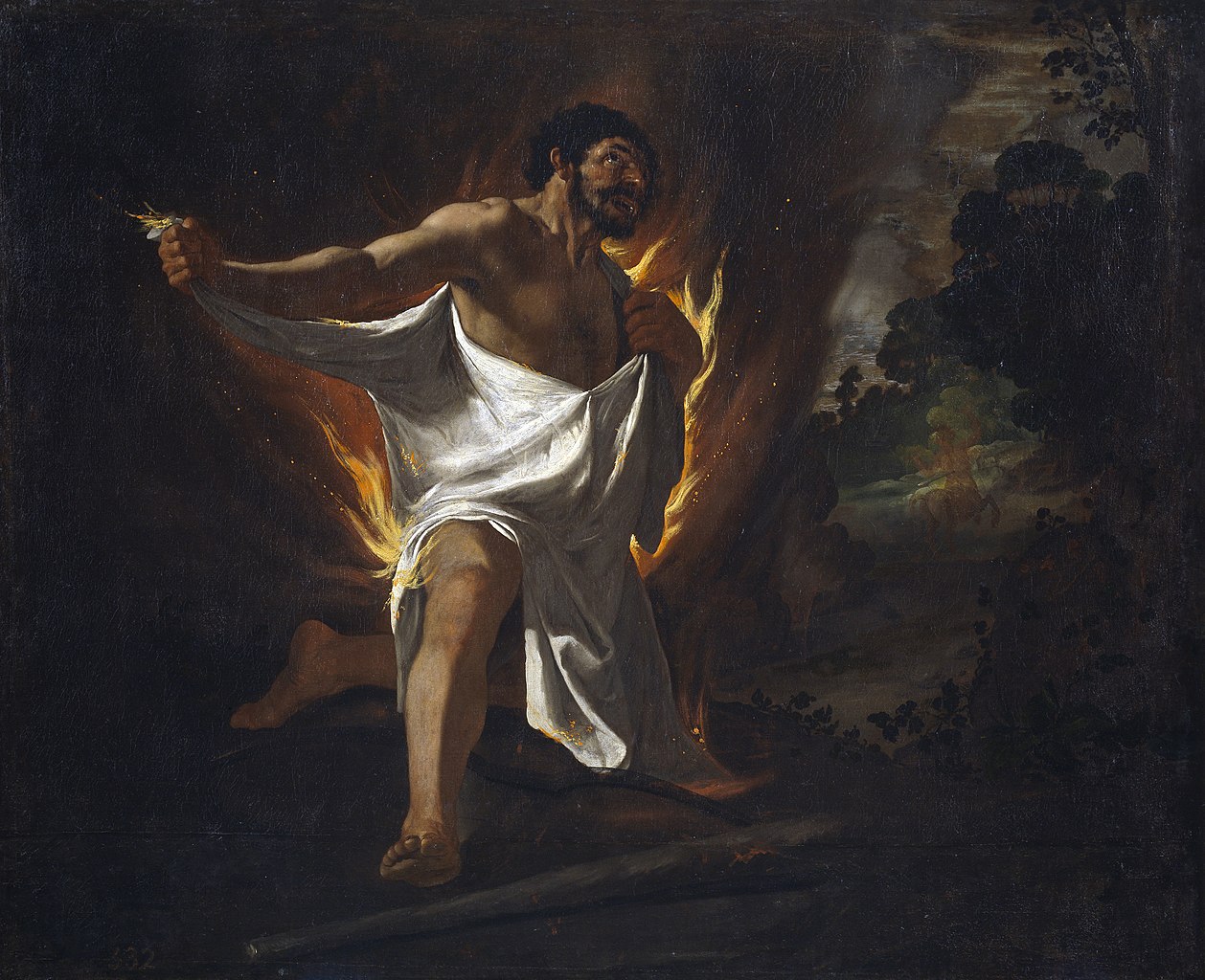 Against a background of flames, a bearded, white-skinned man looks heavenward as he tears a white shirt from his body; in the background to the right appears a rearing centaur in an indistinct forest landscape