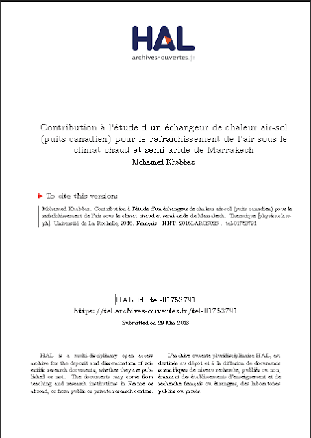 Contribution à l’étude d’un échangeur de chaleur air-sol (puits canadien) pour le rafraîchissement de l’air sous le climat chaud et semi-aride de Marrakech par Mohamed Khabbaz