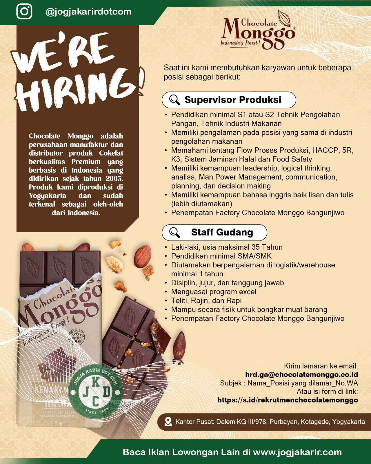 Loker Jogja di Chocolate Monggo SPV Produksi, Staff Gudang, Staff Pengawas Proyek, dll