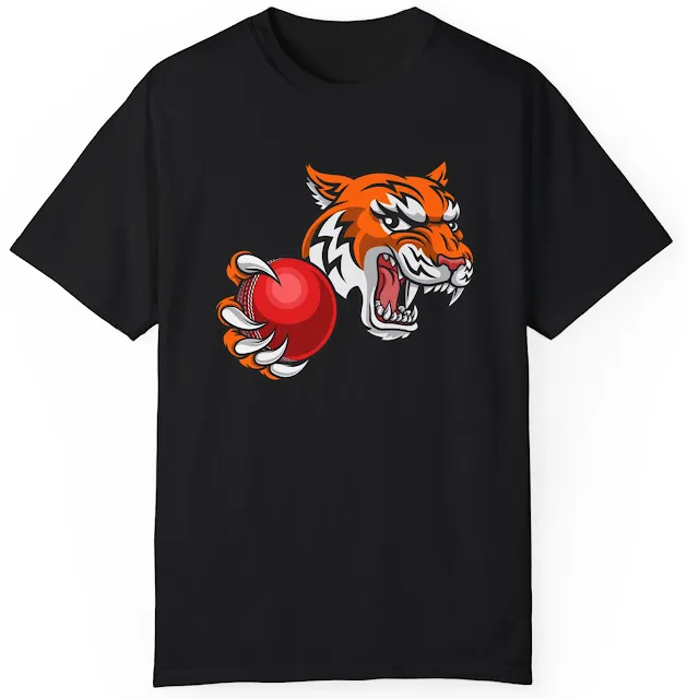 Garment Dyed Personalized Cricket T-Shirt With illustration of Tiger Mascot Holding Red Cricket Ball Tightly With Long Nails