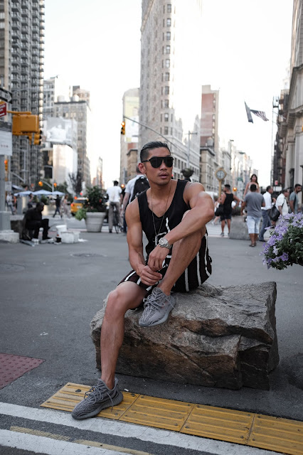 Wearing Calvin Klein Logo Tank Top, Bold Stripe ASOS Shorts, Yeezy Boost | Asian Male Model and Blogger