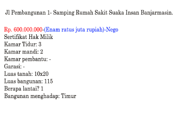 Rumah Dijual Dibelakang Suaka Insan Banjarmasin