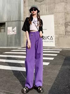 Spring Summer Women's Jeans Baggy Straight Cotton Fashion Streetwear Purple High Waist Casual Pant Wide Leg Korean Denim Trouser US $21.99 Free Shipping