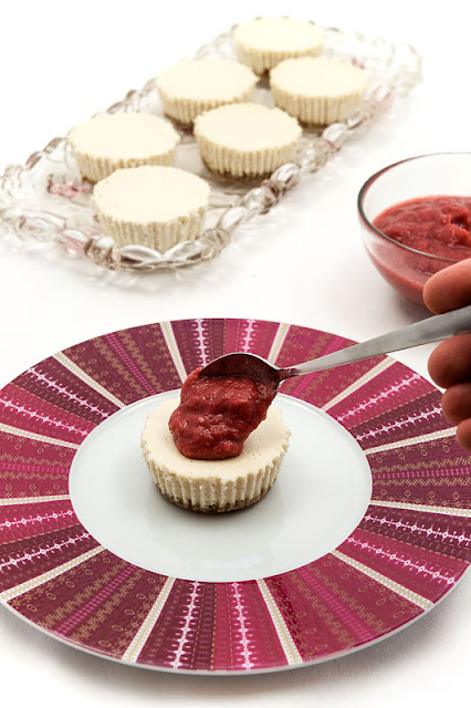 Mini raw rhubarb cakes topping the cakes