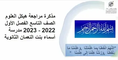 مذكرة مراجعة هيكل العلوم الصف التاسع الفصل الأول 2022 - 2023 مدرسة أسماء بنت النعمان الثانوية