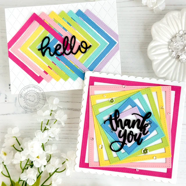 Sunny Studio Stamps: Stitched Square Die Focused Cards by Leanne West (featuring Dotted Diamond Dies, Hello Word Dies)