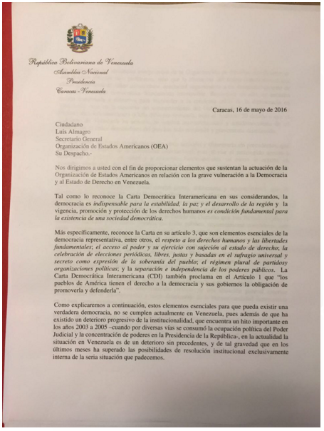 FOTOS: Este es el documento donde opositores piden activar Carta Democrática de la OEA.