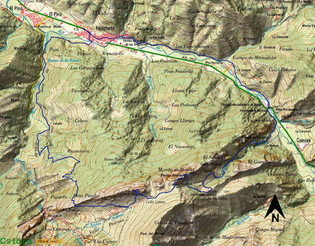 Mapa de la ruta señalizada a  Peña Melera y Los Pandos