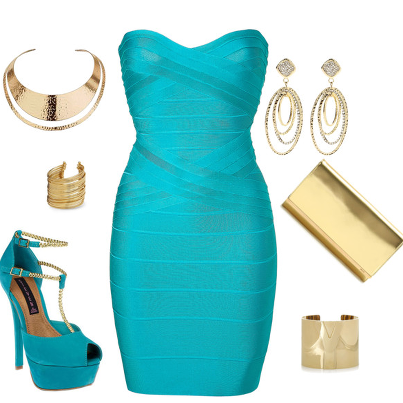 Light blue stylish fashion dress and shoes with jewelry