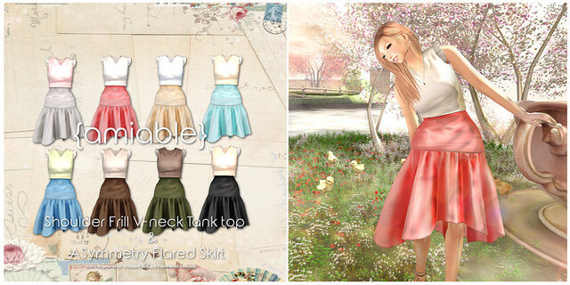 {amiable}Shoulder Frill V-neck & Asymmetry Skirt