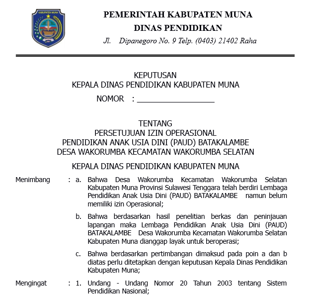 Contoh Berkas Surat Permohonan Izin Operasional Sekolah PAUD Lengkap