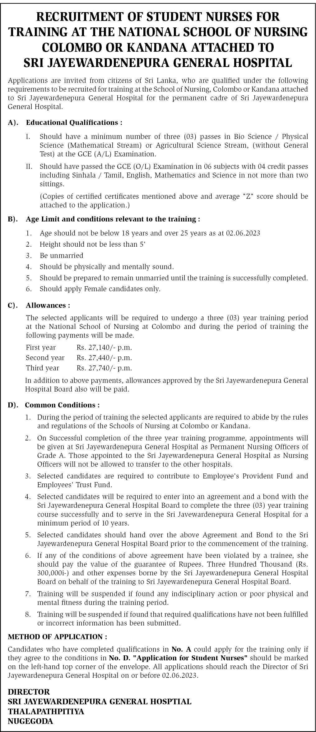 Jayawardenapura Hospital Nursing Application 2023