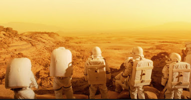 Five astronauts seen from behind looking over a Martian landscape