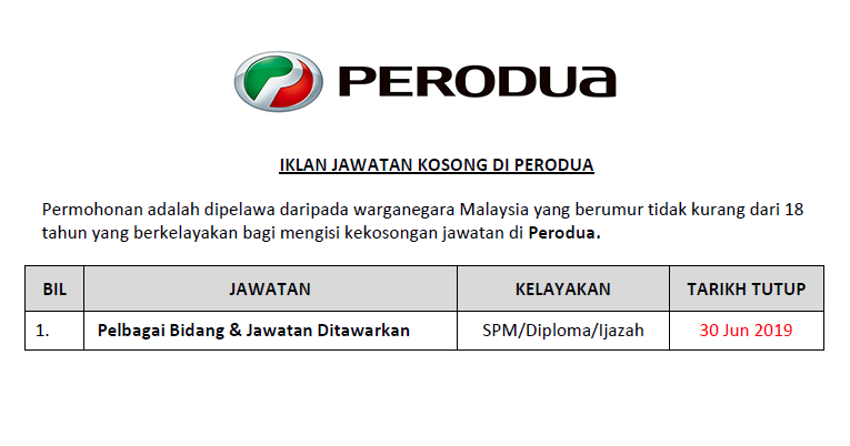 Jawatan Kosong di PERODUA - Kelayakan SPM/Diploma/Ijazah 