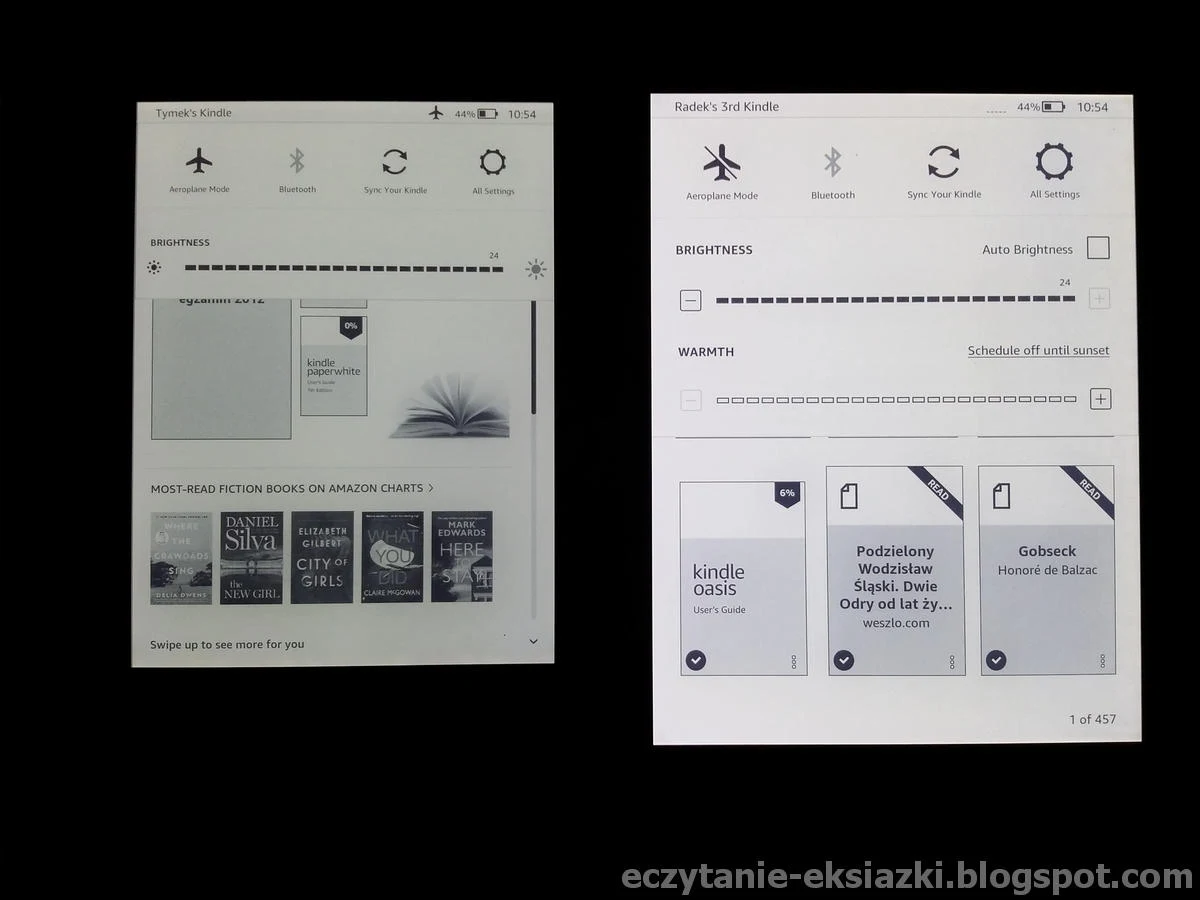 Porównanie intensywności światła w Kindle Paperwhite 4 (po lewej) i Kindle Oasis 3 (po prawej)