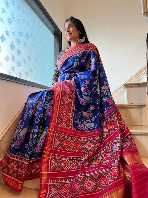 Blue semi patola saree with birds