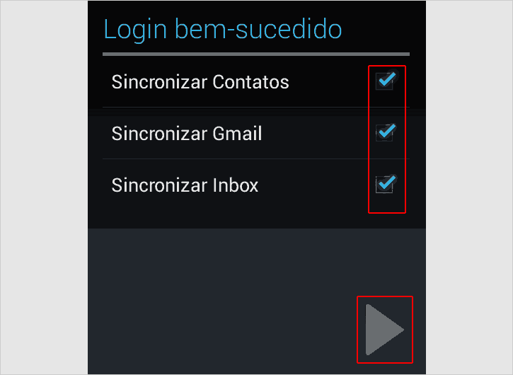 Login da conta Gmail no app bem-sucedido