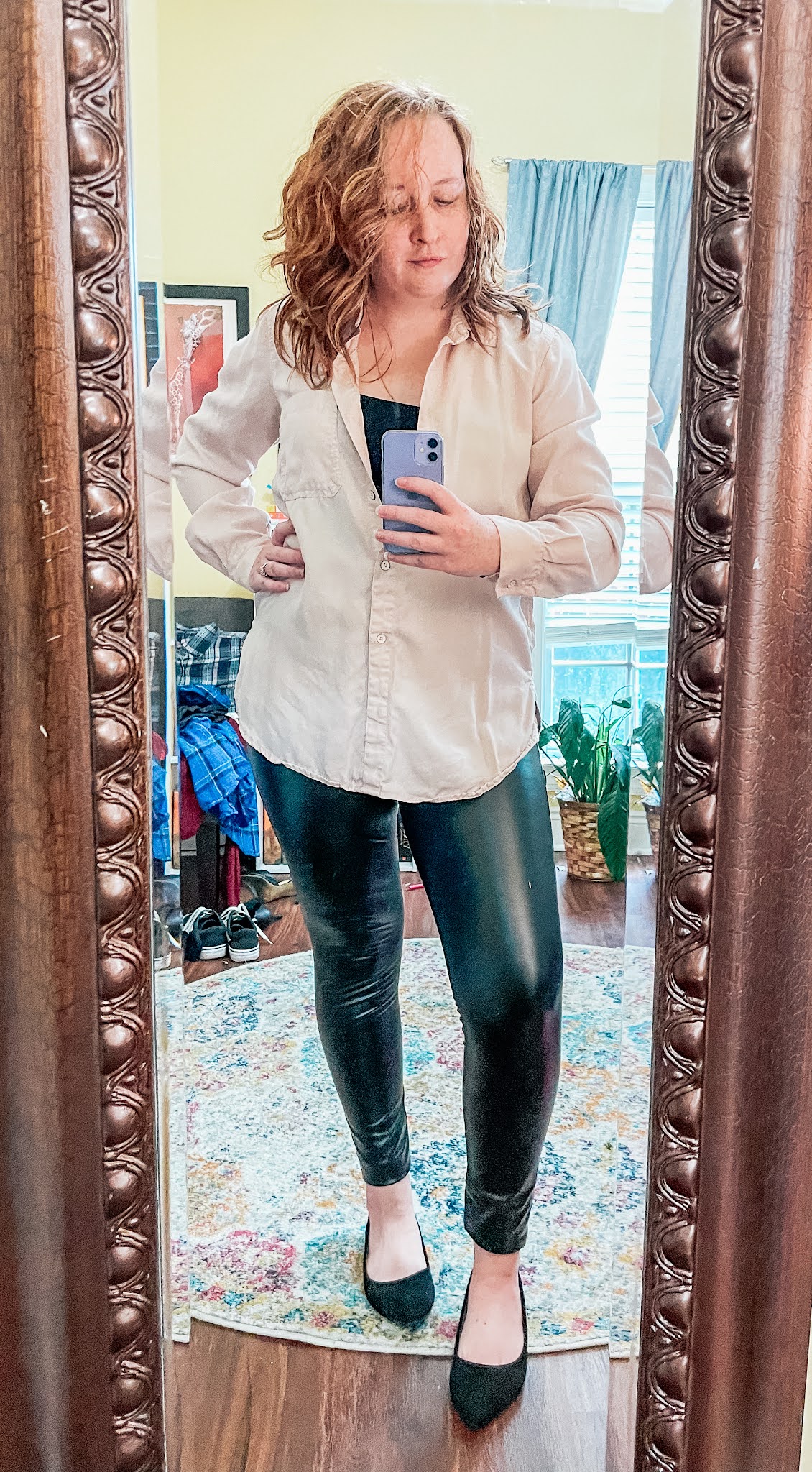 oversized-button-down-leather-leggings-black-flats