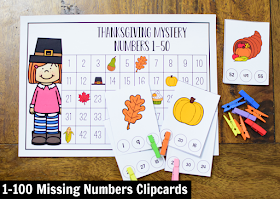 November Kindergarten Math Activity Center: 1-100 Missing Number Clipcards